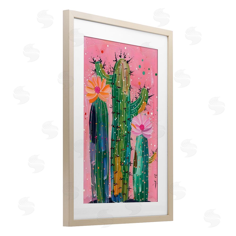 LSR Design Studio Creative Cactus over Pink Birch Framed Print Under Glass with White Mat Wall Art