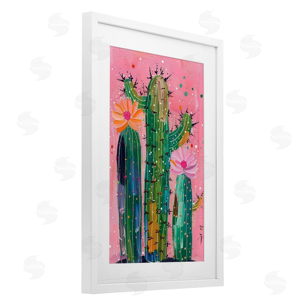 LSR Design Studio Creative Cactus over Pink White Framed Print Under Glass with Mat Wall Art
