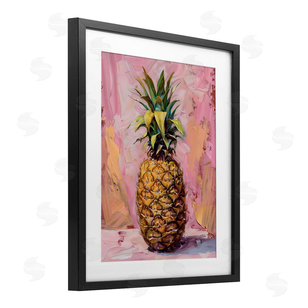 LSR Design Studio Pineapple Bliss over Pink Black Framed Print Under Glass with White Mat Wall Art