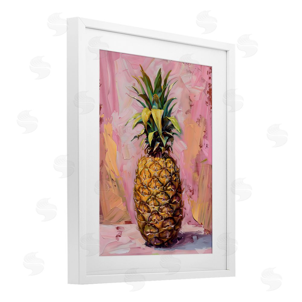 LSR Design Studio Pineapple Bliss over Pink White Framed Print Under Glass with Mat Wall Art