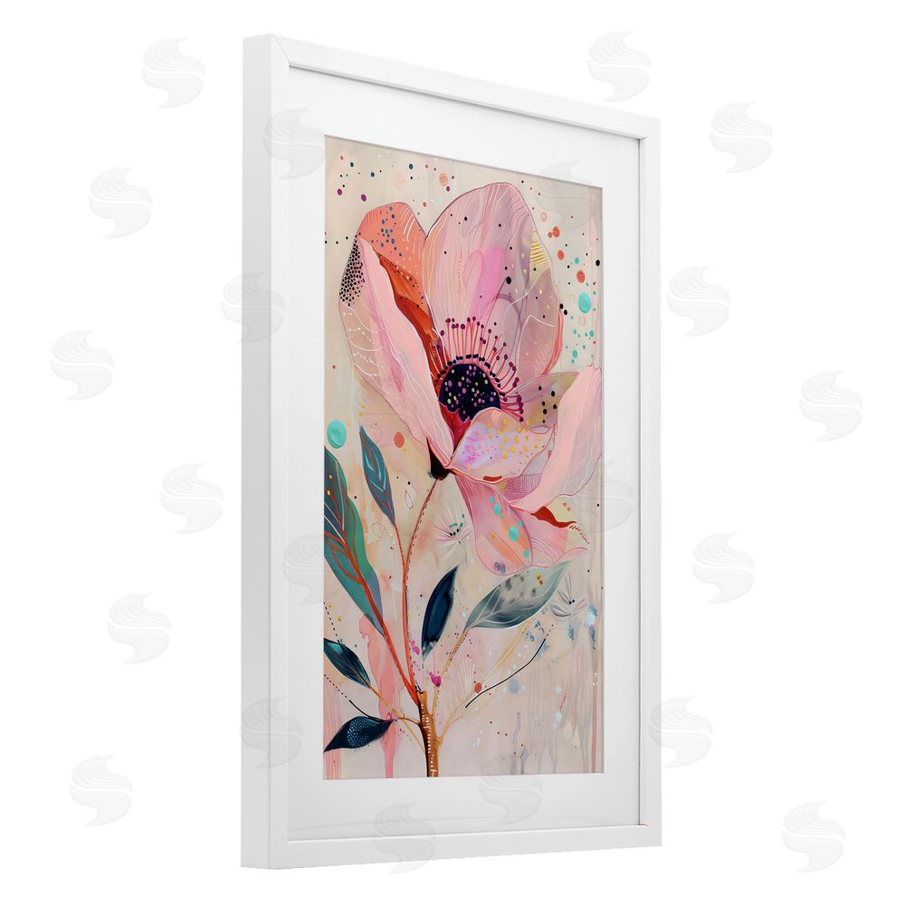 LSR Design Studio Colorful Dots Pink Poppy White Framed Print Under Glass with Mat Wall Art