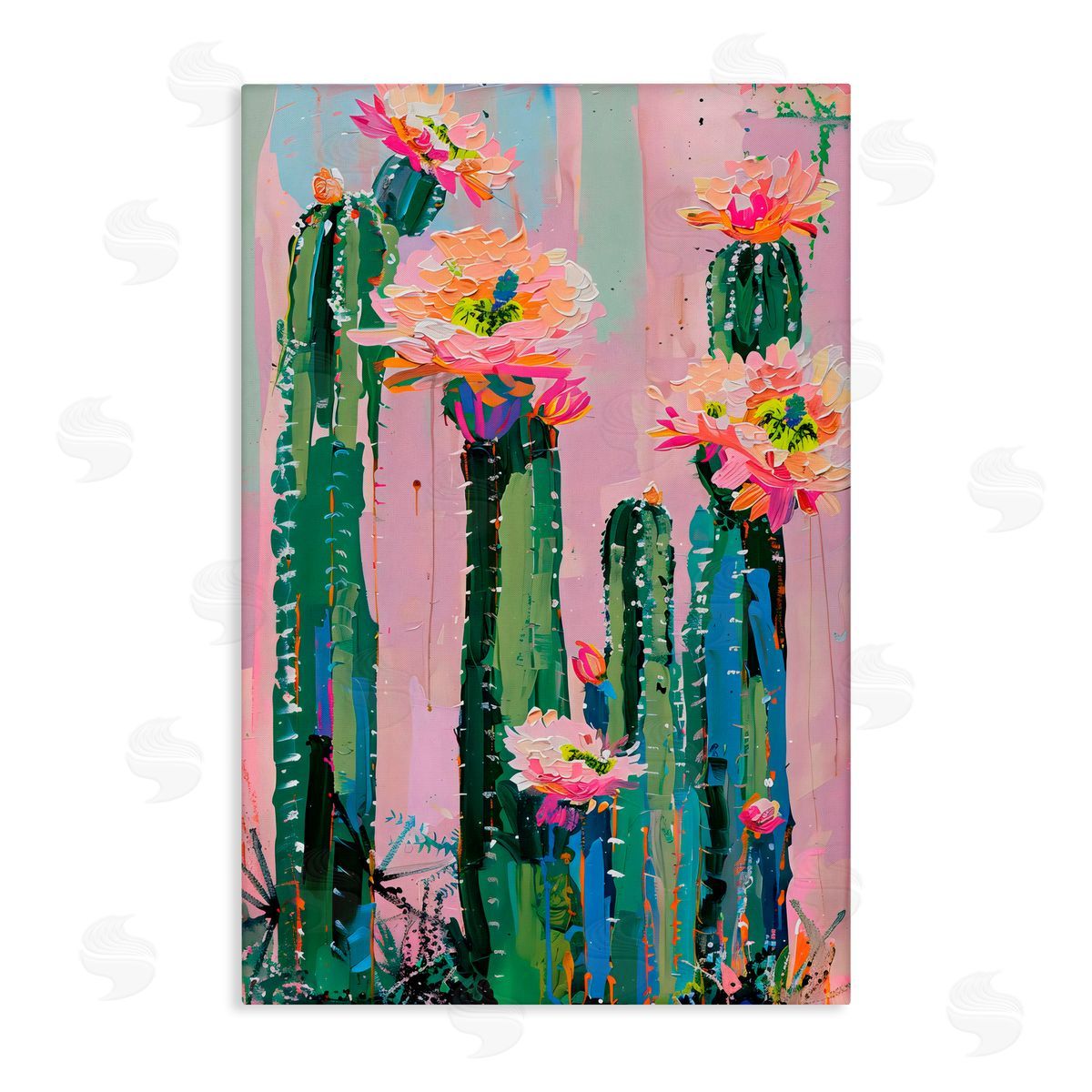 LSR Design Studio Vibrant Cactus Flowers over Pink Canvas Wall Art Print