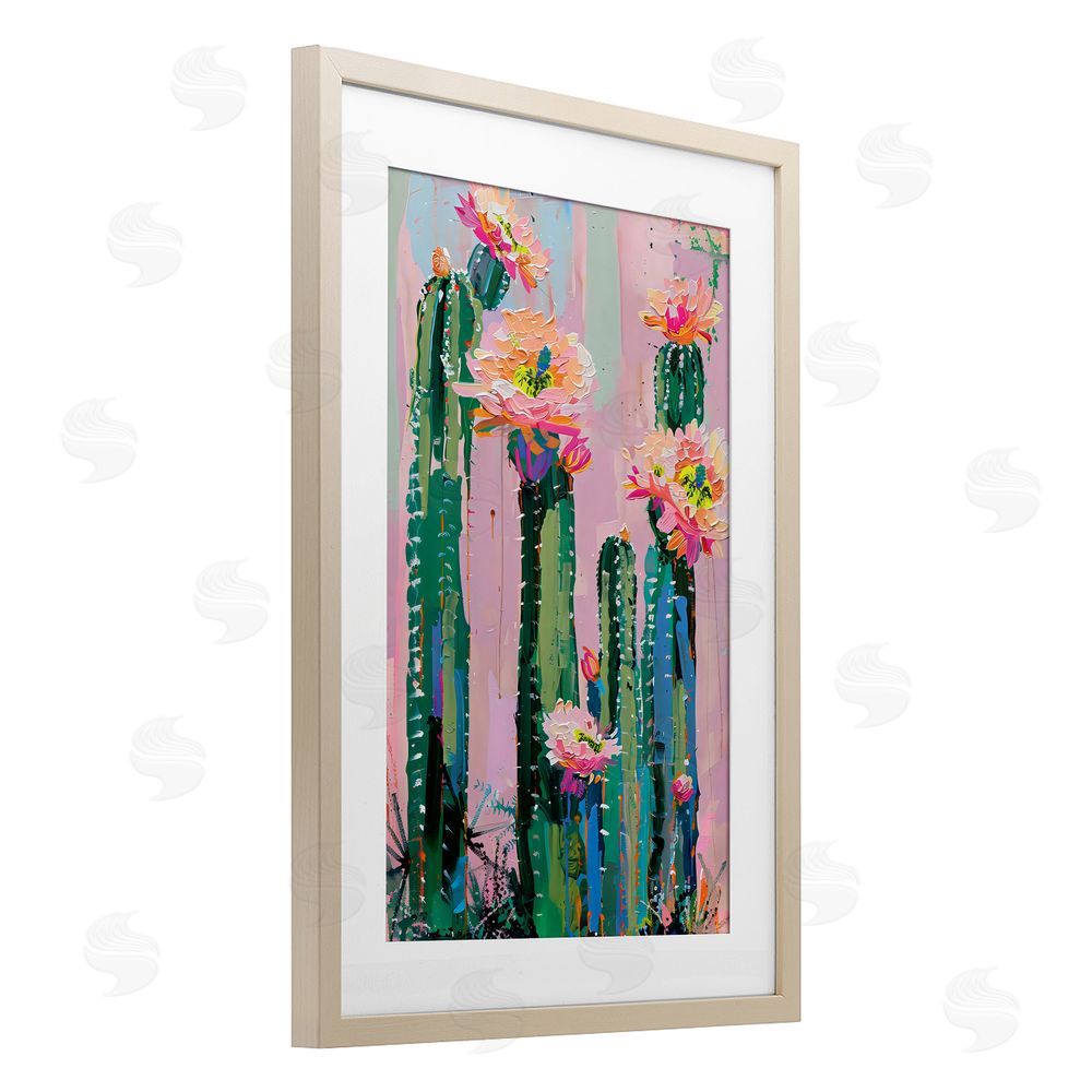 LSR Design Studio Vibrant Cactus Flowers over Pink Birch Framed Print Under Glass with White Mat Wall Art
