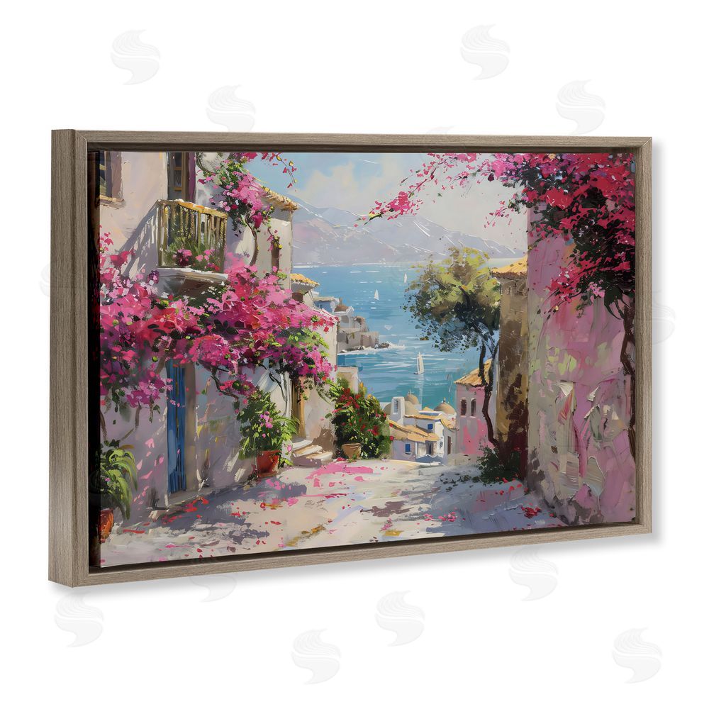 LSR Design Studio Floral Village Streets Coastal Town Brown Floating Frame Canvas Wall Art Print