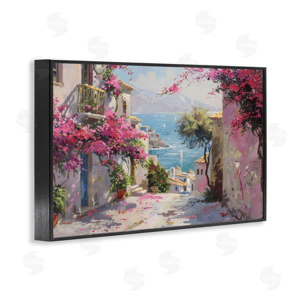 LSR Design Studio Floral Village Streets Coastal Town Black Framed Giclee Wall Art Print