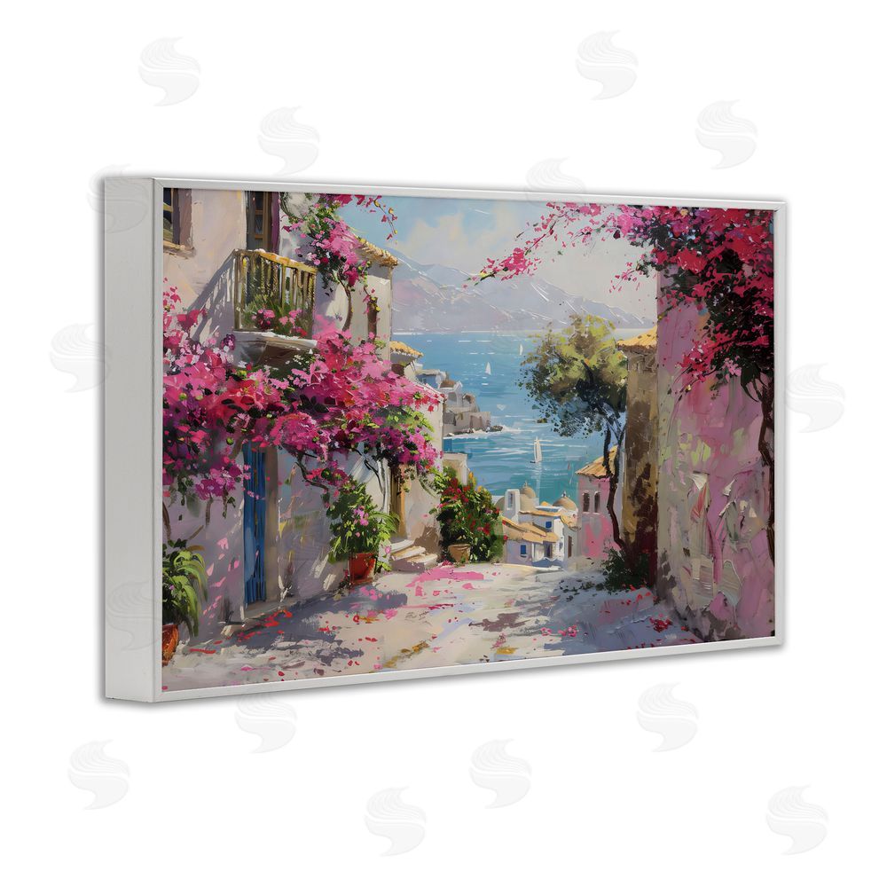 LSR Design Studio Floral Village Streets Coastal Town White Framed Giclee Wall Art Print