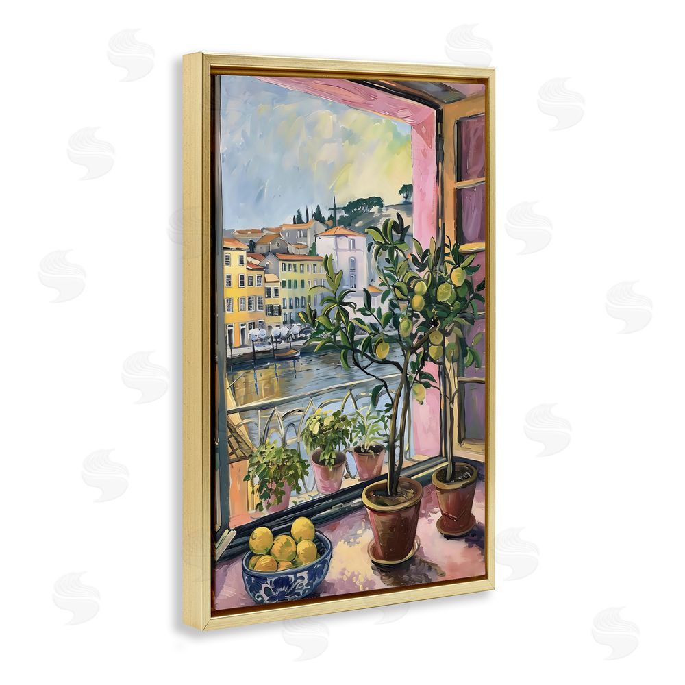 LSR Design Studio City Citrus Window Scene Gold Floating Frame Canvas Wall Art Print