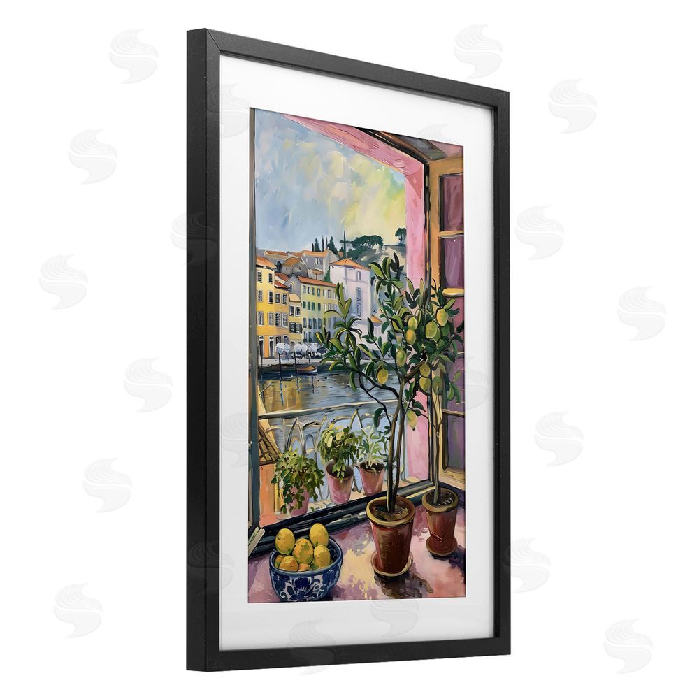 LSR Design Studio City Citrus Window Scene Black Framed Print Under Glass with White Mat Wall Art