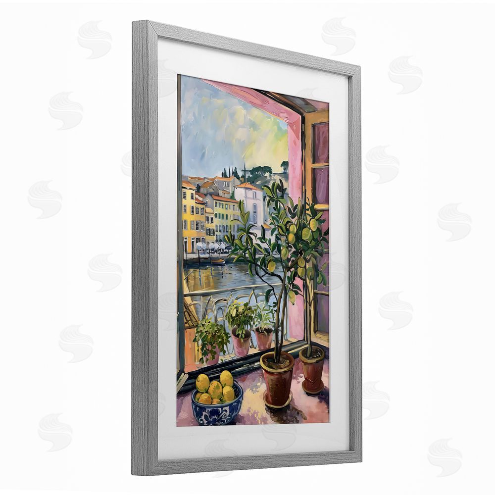 LSR Design Studio City Citrus Window Scene Gray Framed Print Under Glass with White Mat Wall Art