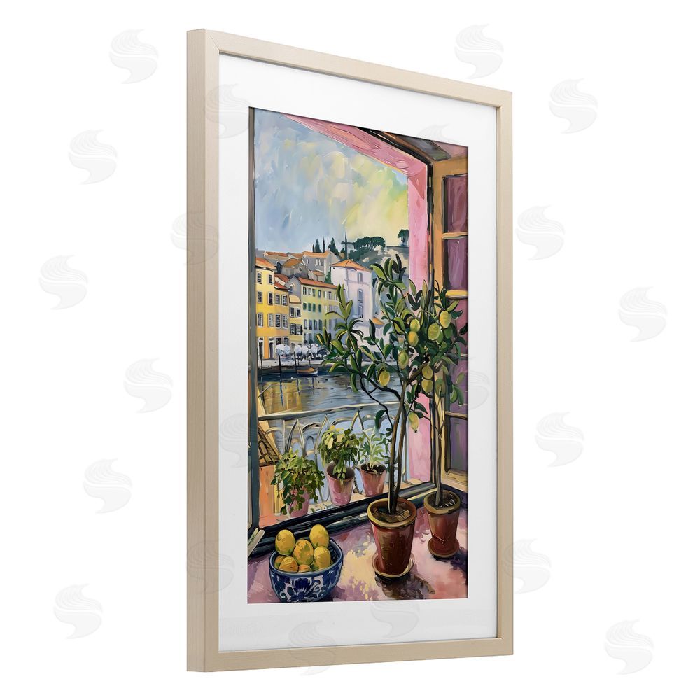 LSR Design Studio City Citrus Window Scene Birch Framed Print Under Glass with White Mat Wall Art