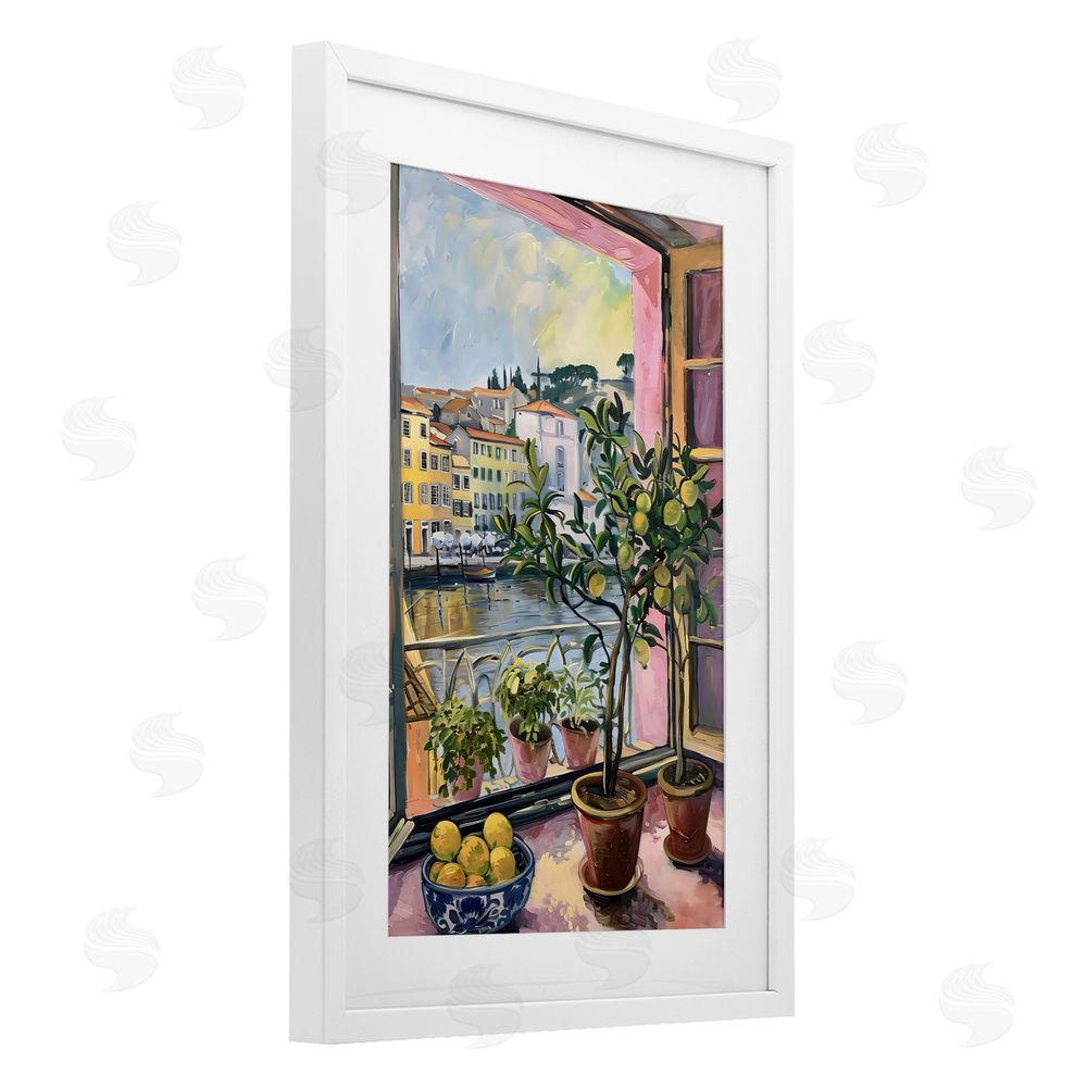 LSR Design Studio City Citrus Window Scene White Framed Print Under Glass with Mat Wall Art