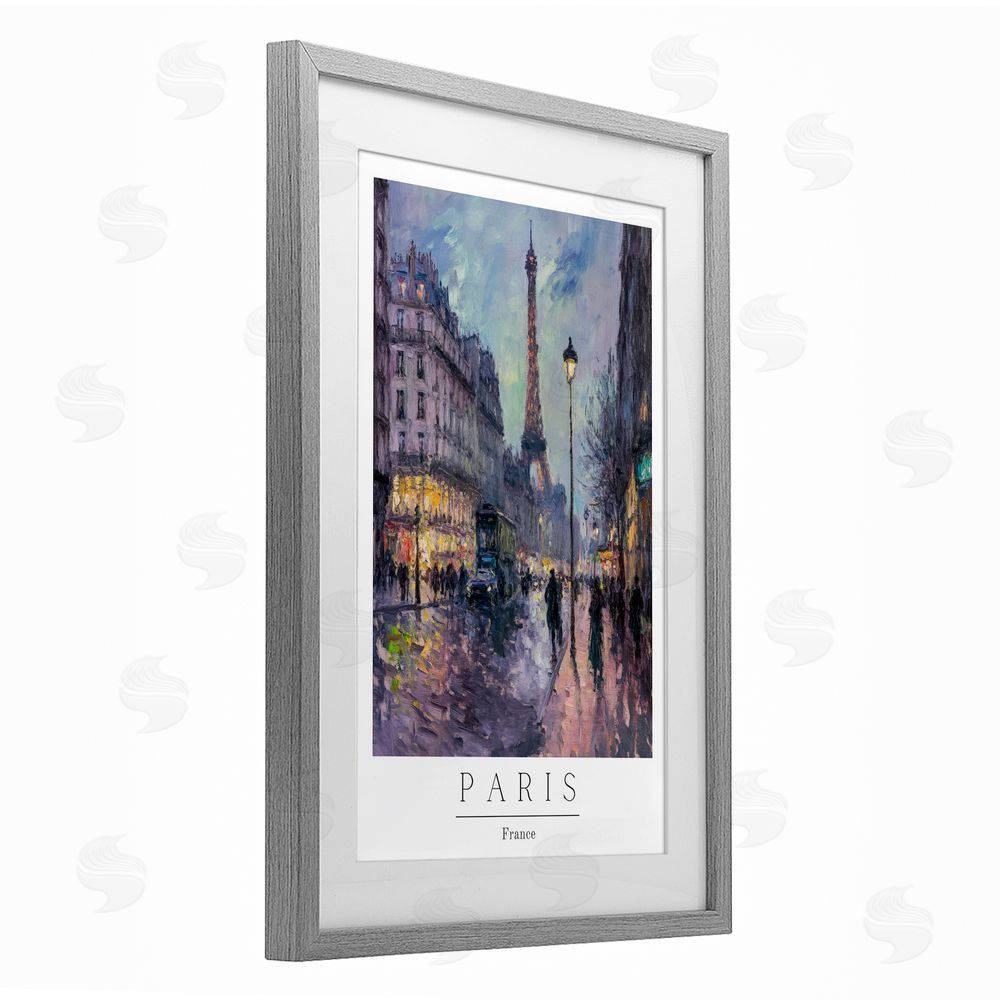Petal Prints Design Vintage Paris Streets Night Gray Framed Print Under Glass with White Mat Wall Art