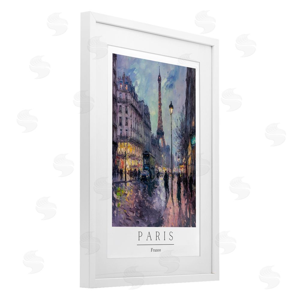 Petal Prints Design Vintage Paris Streets Night White Framed Print Under Glass with Mat Wall Art