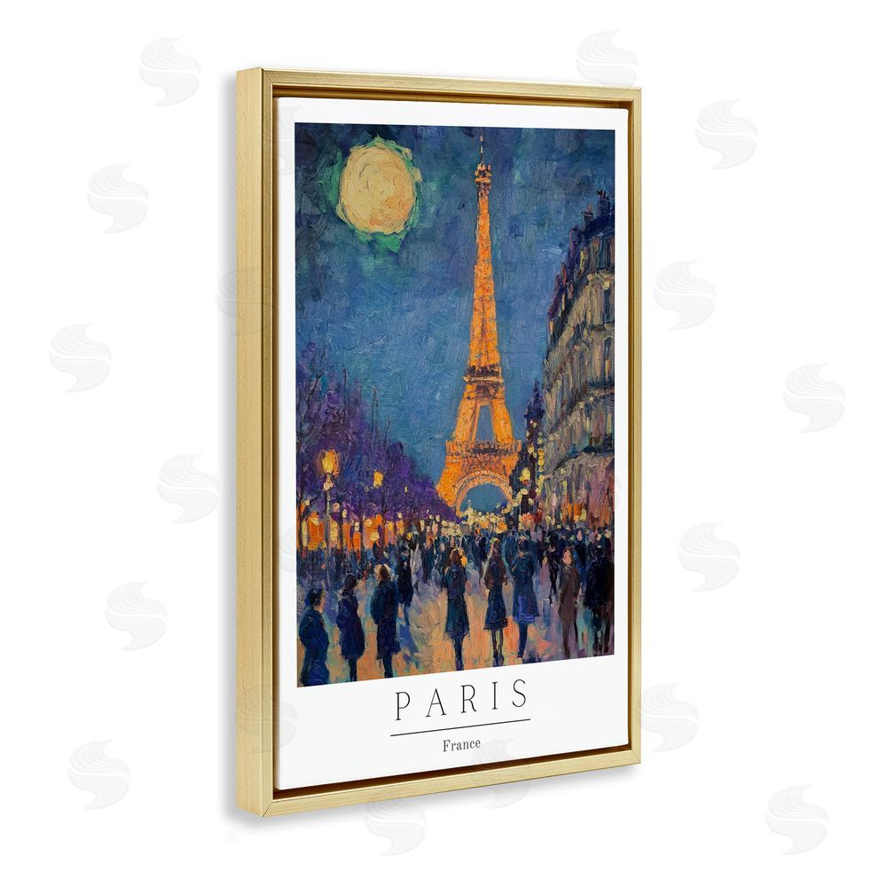 Petal Prints Design Vintage Paris Streets Night Gold Floating Frame Canvas Wall Art Print