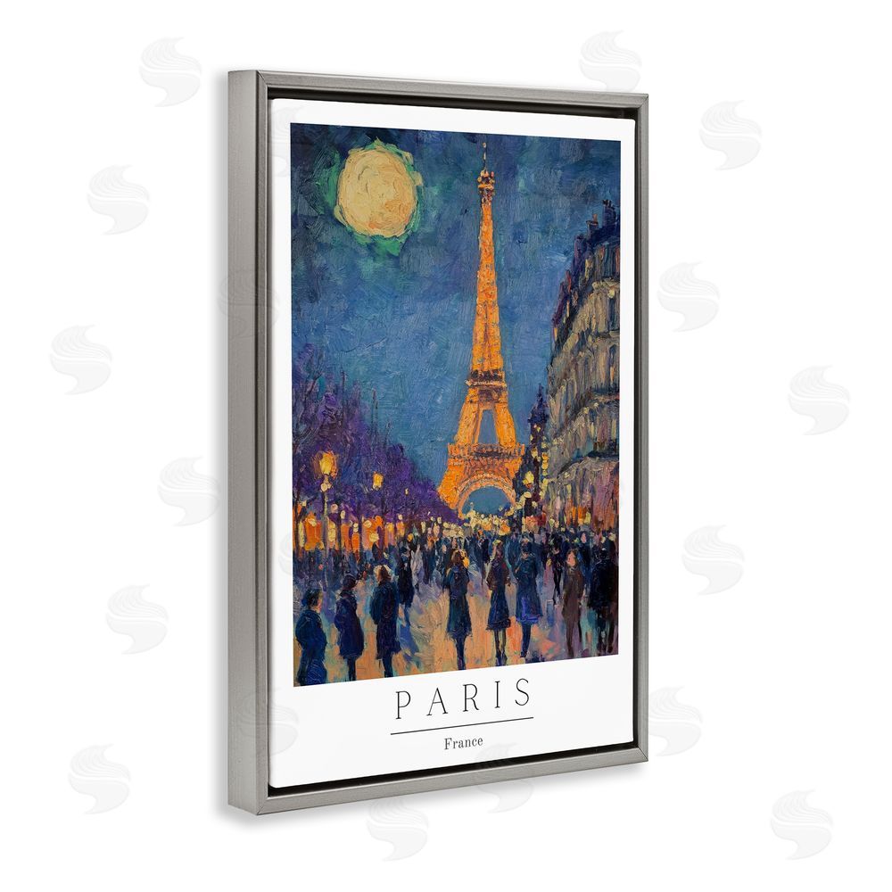 Petal Prints Design Vintage Paris Streets Night Gray Floating Frame Canvas Wall Art Print