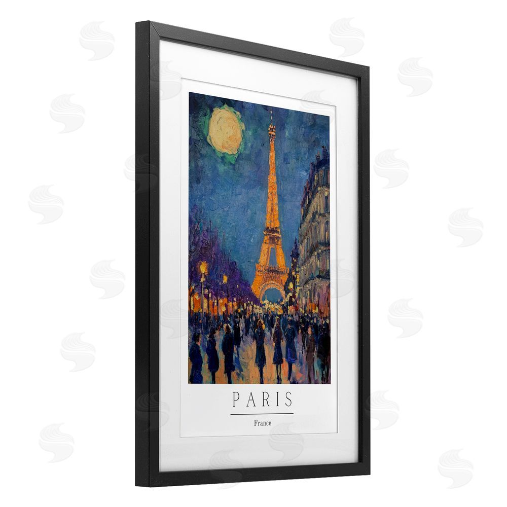 Petal Prints Design Vintage Paris Streets Night Black Framed Print Under Glass with White Mat Wall Art