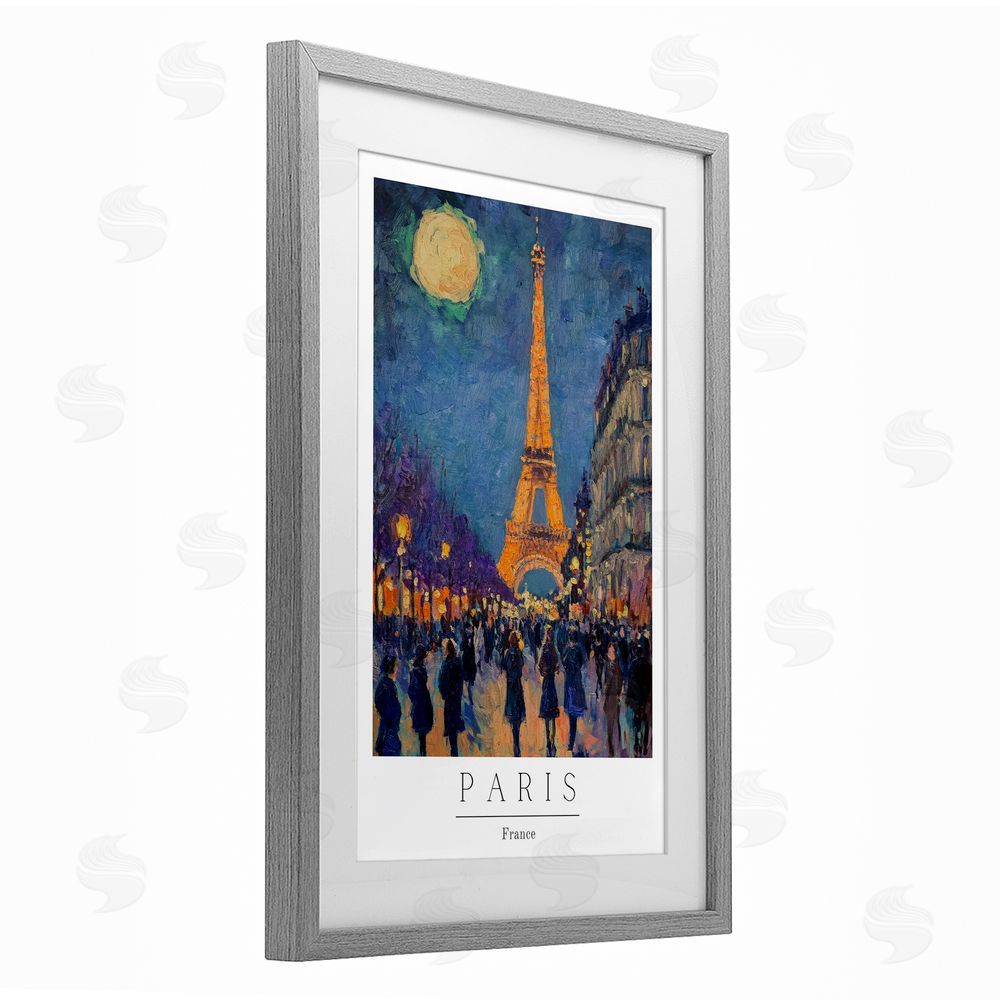 Petal Prints Design Vintage Paris Streets Night Gray Framed Print Under Glass with White Mat Wall Art
