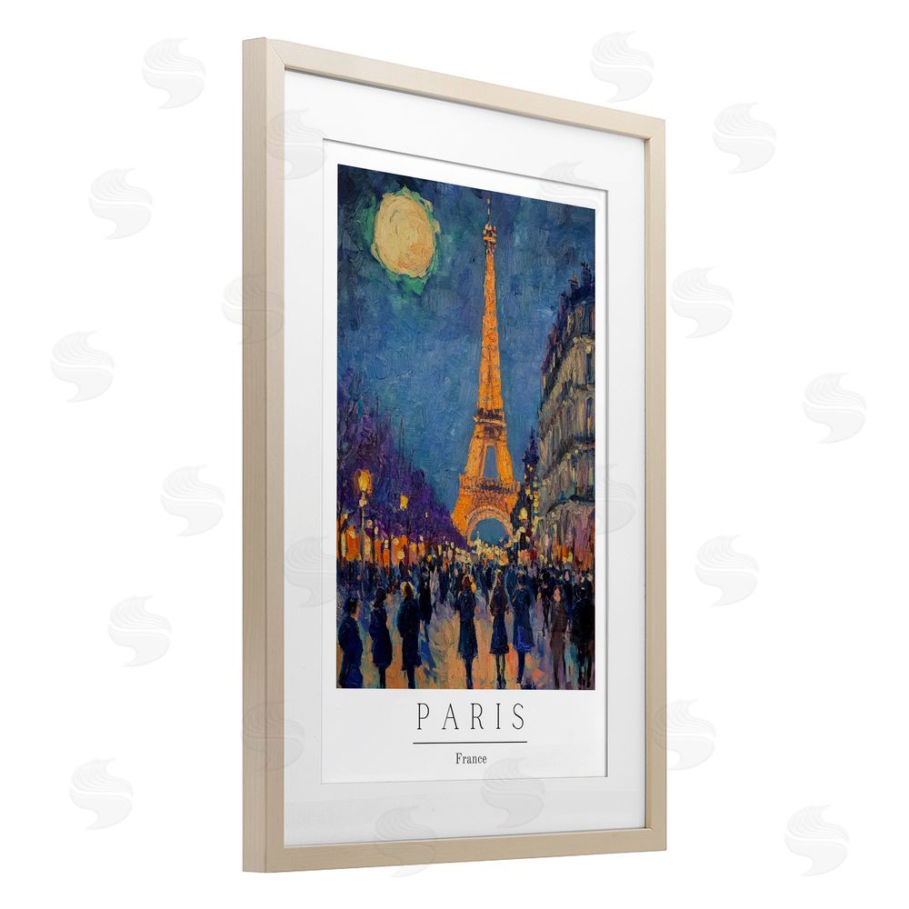 Petal Prints Design Vintage Paris Streets Night Birch Framed Print Under Glass with White Mat Wall Art