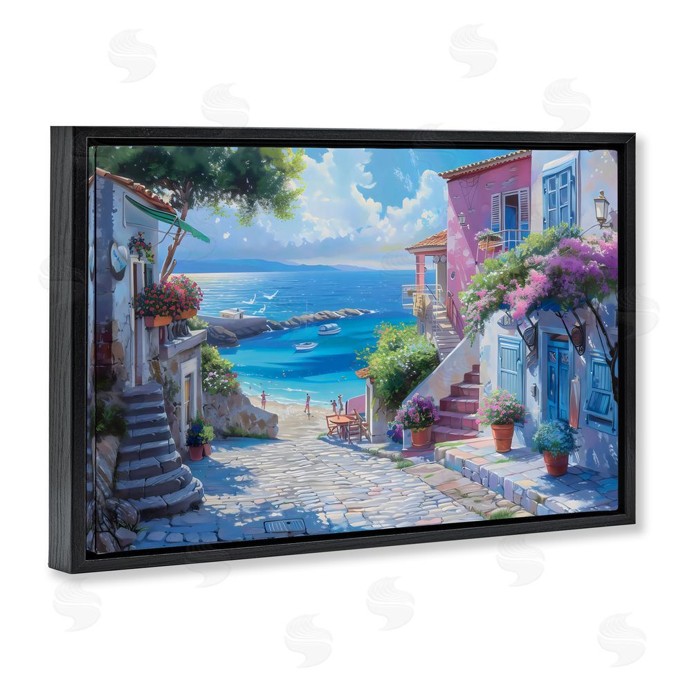 LSR Design Studio Dreamy Coastal City Scene Black Floating Frame Canvas Wall Art Print