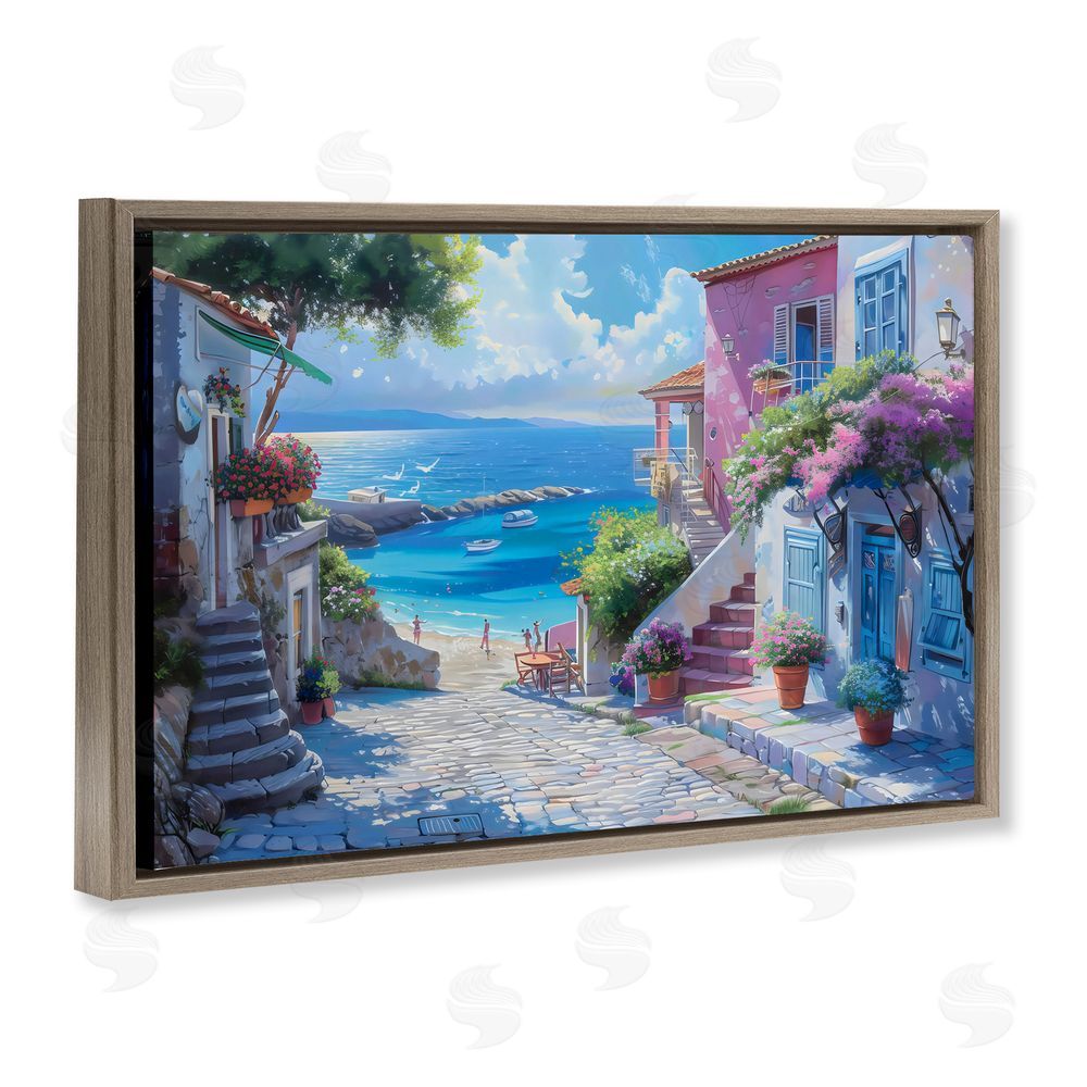 LSR Design Studio Dreamy Coastal City Scene Brown Floating Frame Canvas Wall Art Print