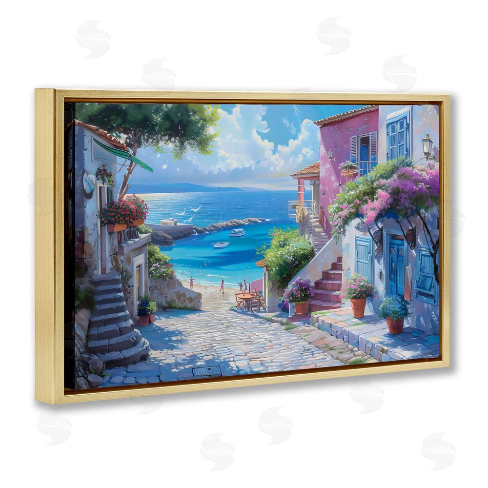 LSR Design Studio Dreamy Coastal City Scene Gold Floating Frame Canvas Wall Art Print
