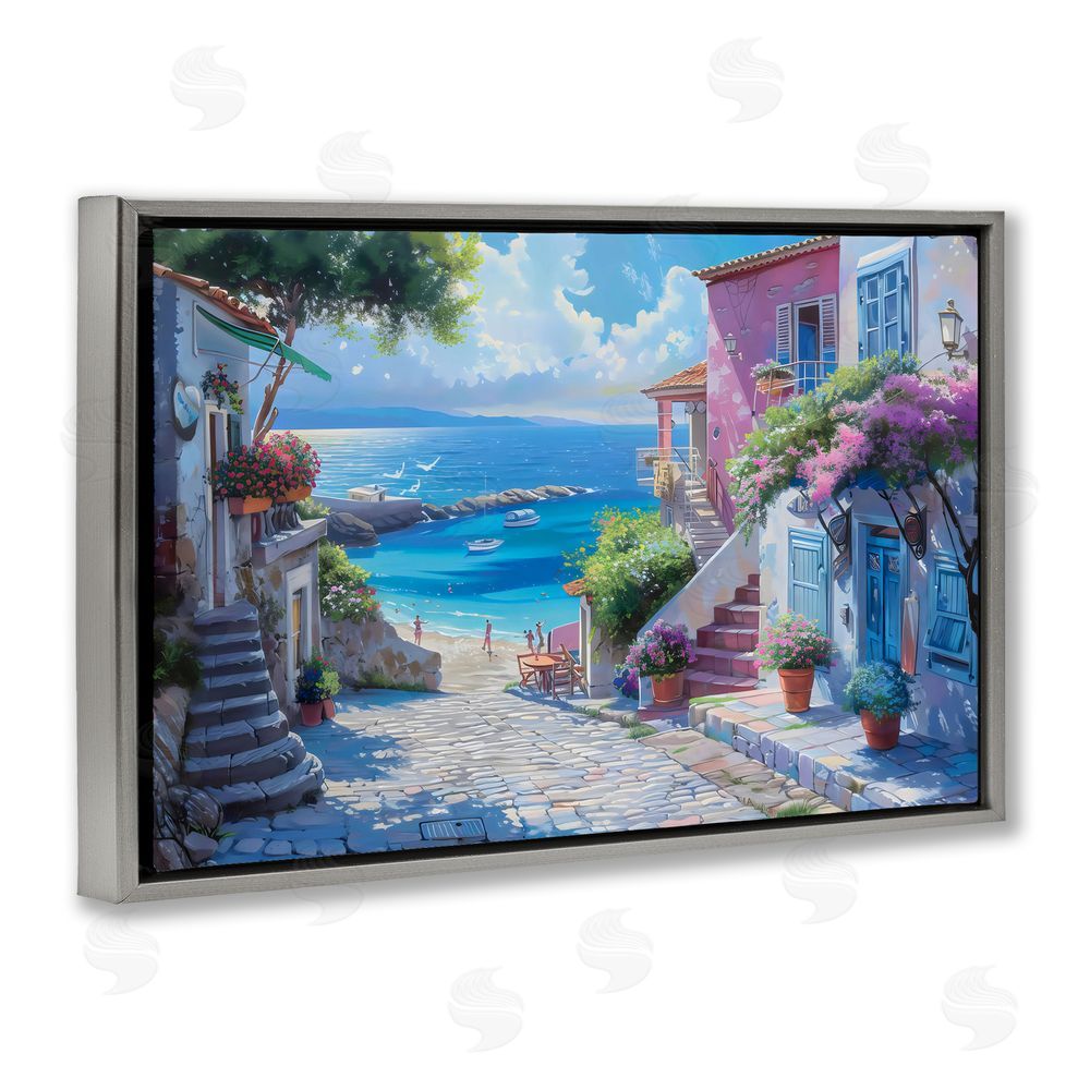 LSR Design Studio Dreamy Coastal City Scene Gray Floating Frame Canvas Wall Art Print