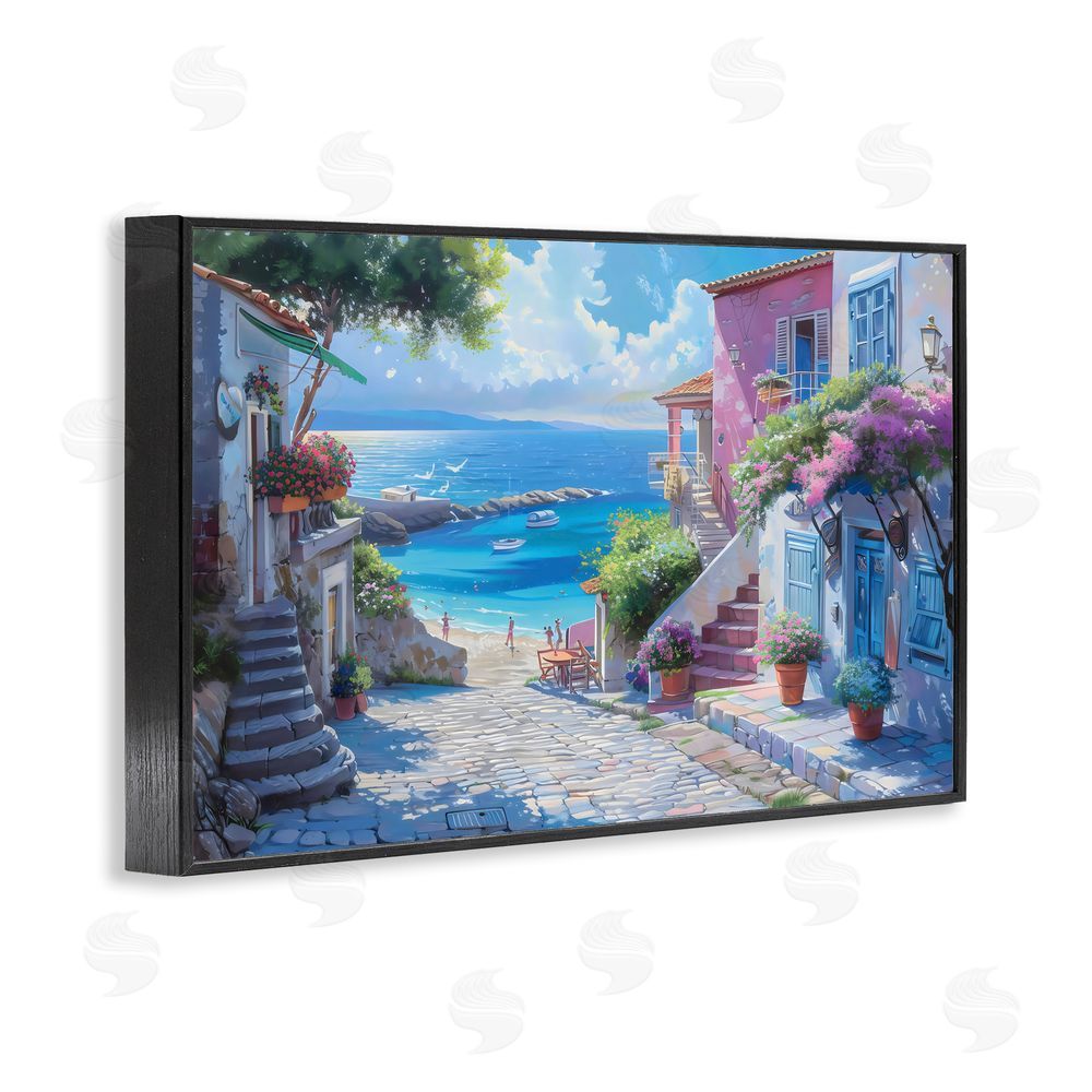 LSR Design Studio Dreamy Coastal City Scene Black Framed Giclee Wall Art Print