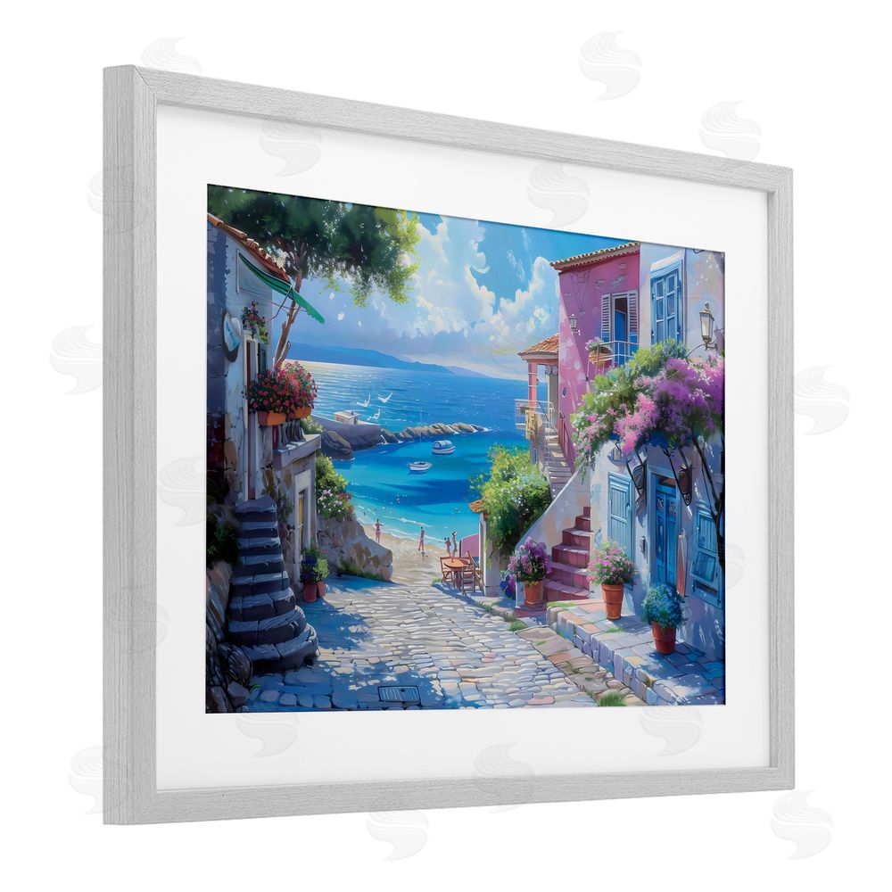 LSR Design Studio Dreamy Coastal City Scene Gray Framed Print Under Glass with White Mat Wall Art