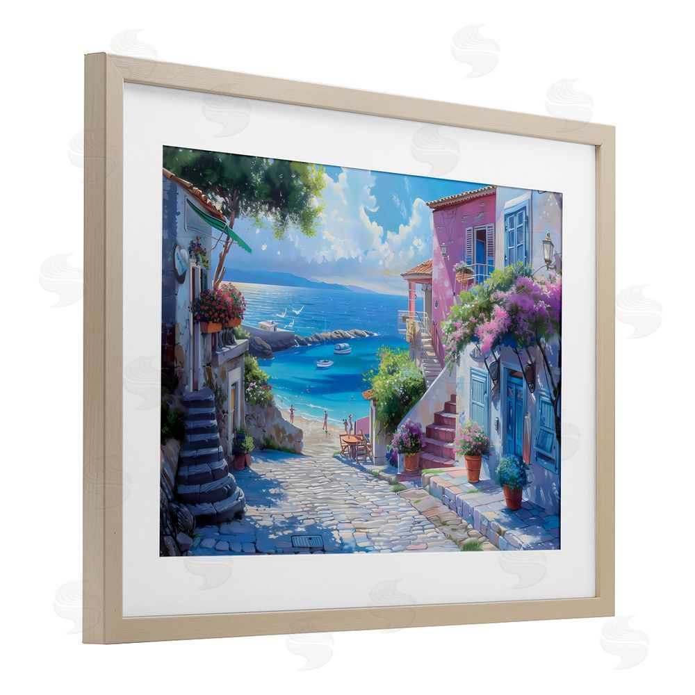 LSR Design Studio Dreamy Coastal City Scene Birch Framed Print Under Glass with White Mat Wall Art