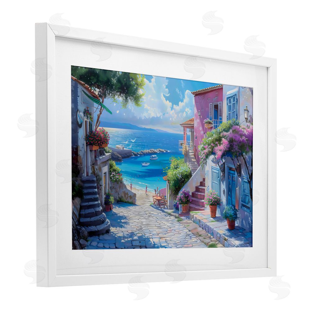 LSR Design Studio Dreamy Coastal City Scene White Framed Print Under Glass with Mat Wall Art