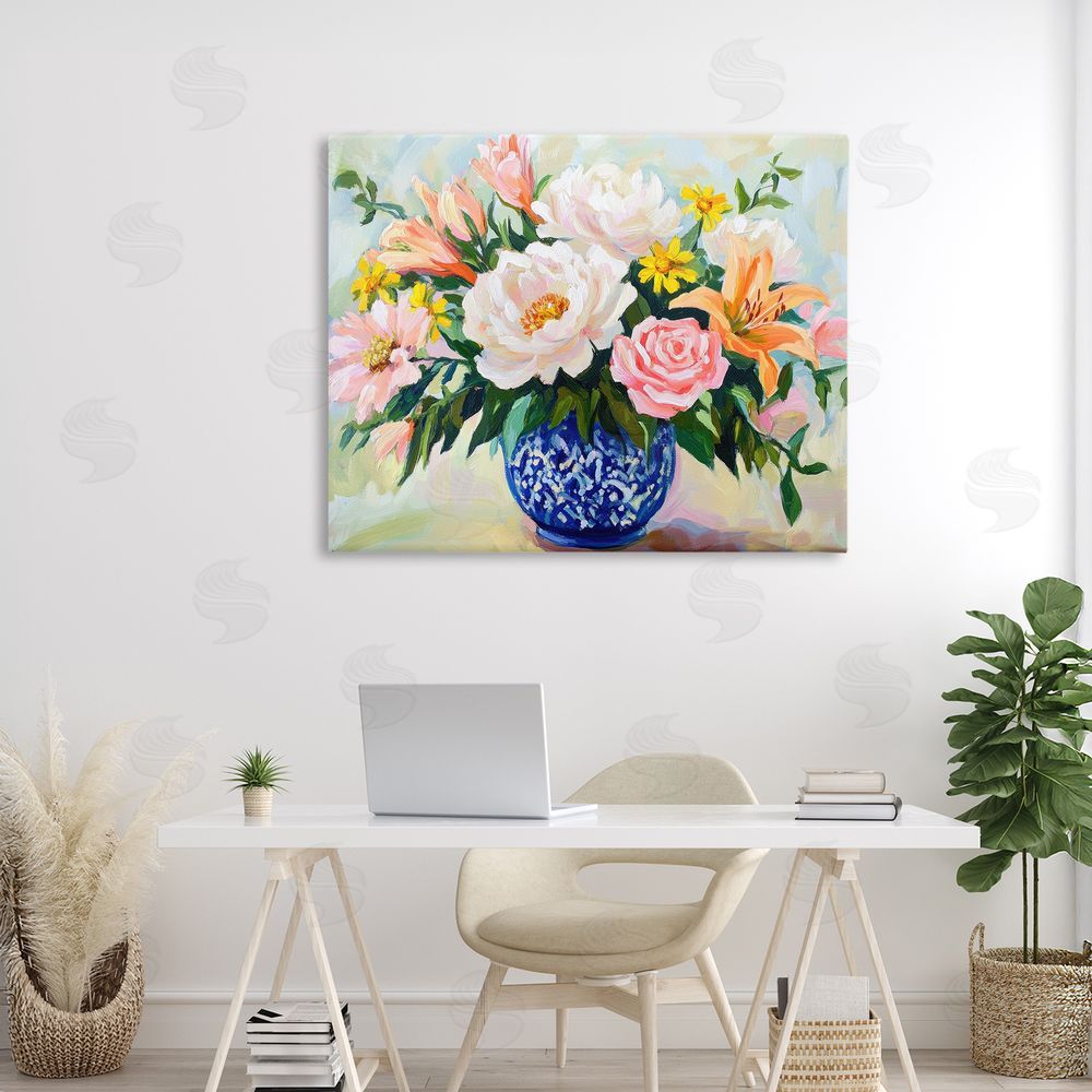 Petal Prints Design Indigo Chinoiserie with Assorted Flowers Canvas Art on Wall