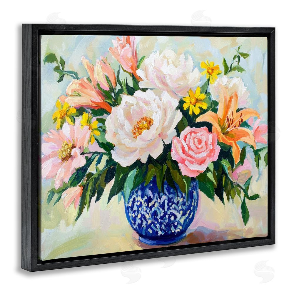 Petal Prints Design Indigo Chinoiserie with Assorted Flowers Black Floating Frame Canvas Wall Art Print