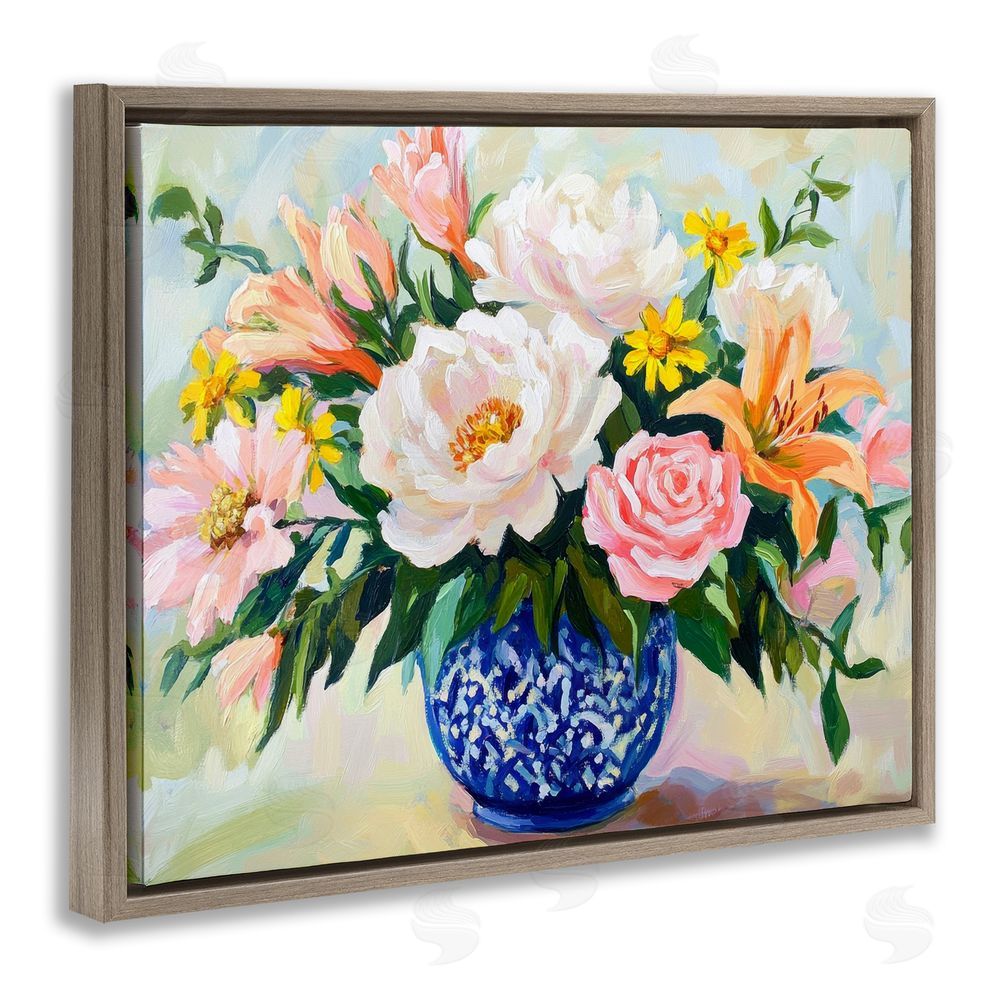Petal Prints Design Indigo Chinoiserie with Assorted Flowers Brown Floating Frame Canvas Wall Art Print