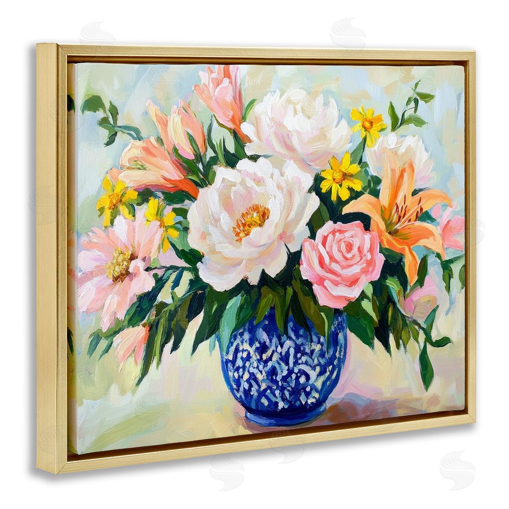 Petal Prints Design Indigo Chinoiserie with Assorted Flowers Gold Floating Frame Canvas Wall Art Print