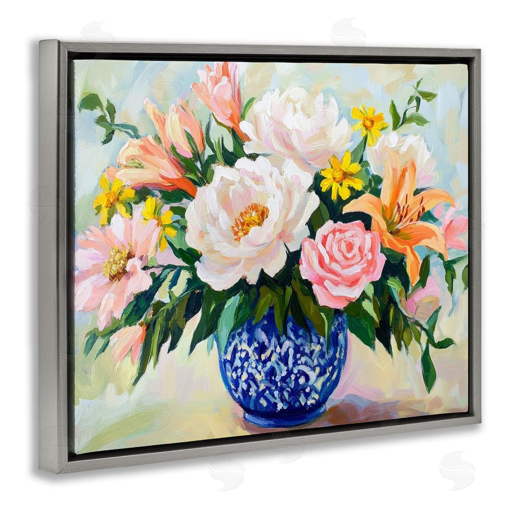 Petal Prints Design Indigo Chinoiserie with Assorted Flowers Gray Floating Frame Canvas Wall Art Print