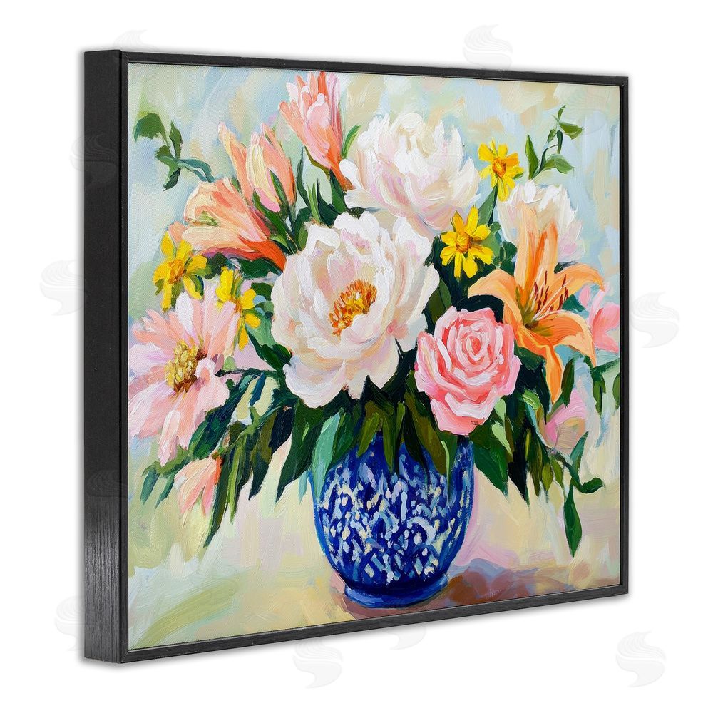 Petal Prints Design Indigo Chinoiserie with Assorted Flowers Black Framed Giclee Wall Art Print