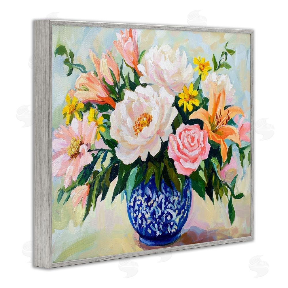 Petal Prints Design Indigo Chinoiserie with Assorted Flowers Gray Framed Giclee Wall Art Print