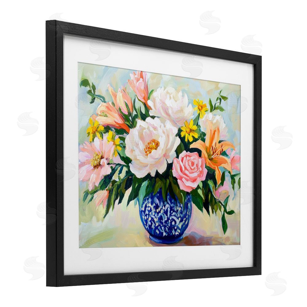 Petal Prints Design Indigo Chinoiserie with Assorted Flowers Black Framed Print Under Glass with White Mat Wall Art