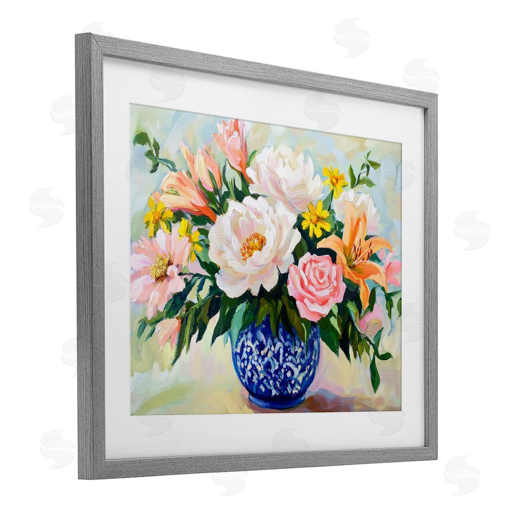 Petal Prints Design Indigo Chinoiserie with Assorted Flowers Gray Framed Print Under Glass with White Mat Wall Art