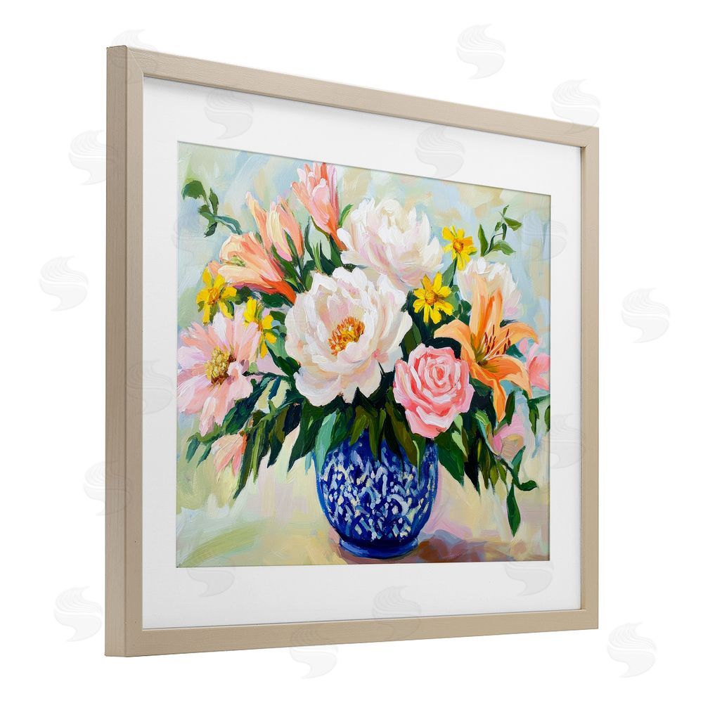 Petal Prints Design Indigo Chinoiserie with Assorted Flowers Birch Framed Print Under Glass with White Mat Wall Art