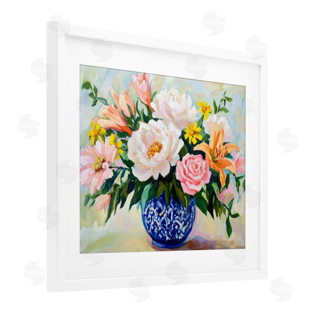 Petal Prints Design Indigo Chinoiserie with Assorted Flowers White Framed Print Under Glass with Mat Wall Art