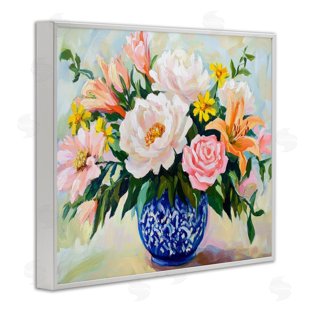 Petal Prints Design Indigo Chinoiserie with Assorted Flowers White Framed Giclee Wall Art Print