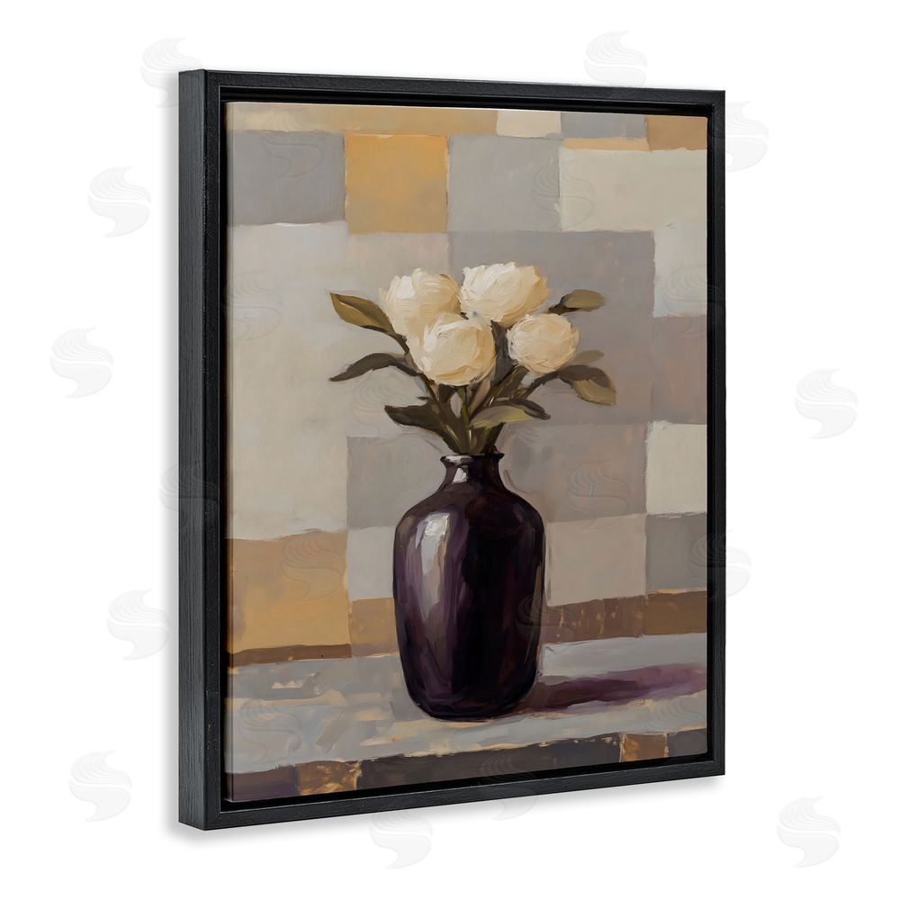 Franklyn Gregory Luxe White Roses in Vase Black Floating Frame Canvas Wall Art Print
