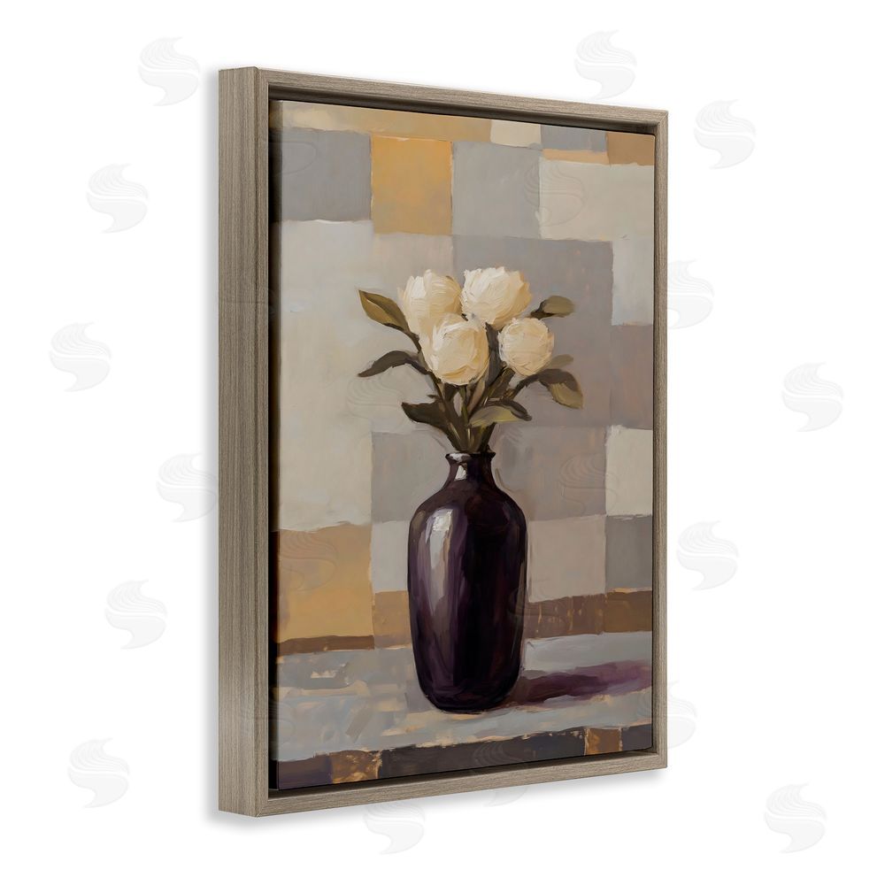 Franklyn Gregory Luxe White Roses in Vase Brown Floating Frame Canvas Wall Art Print