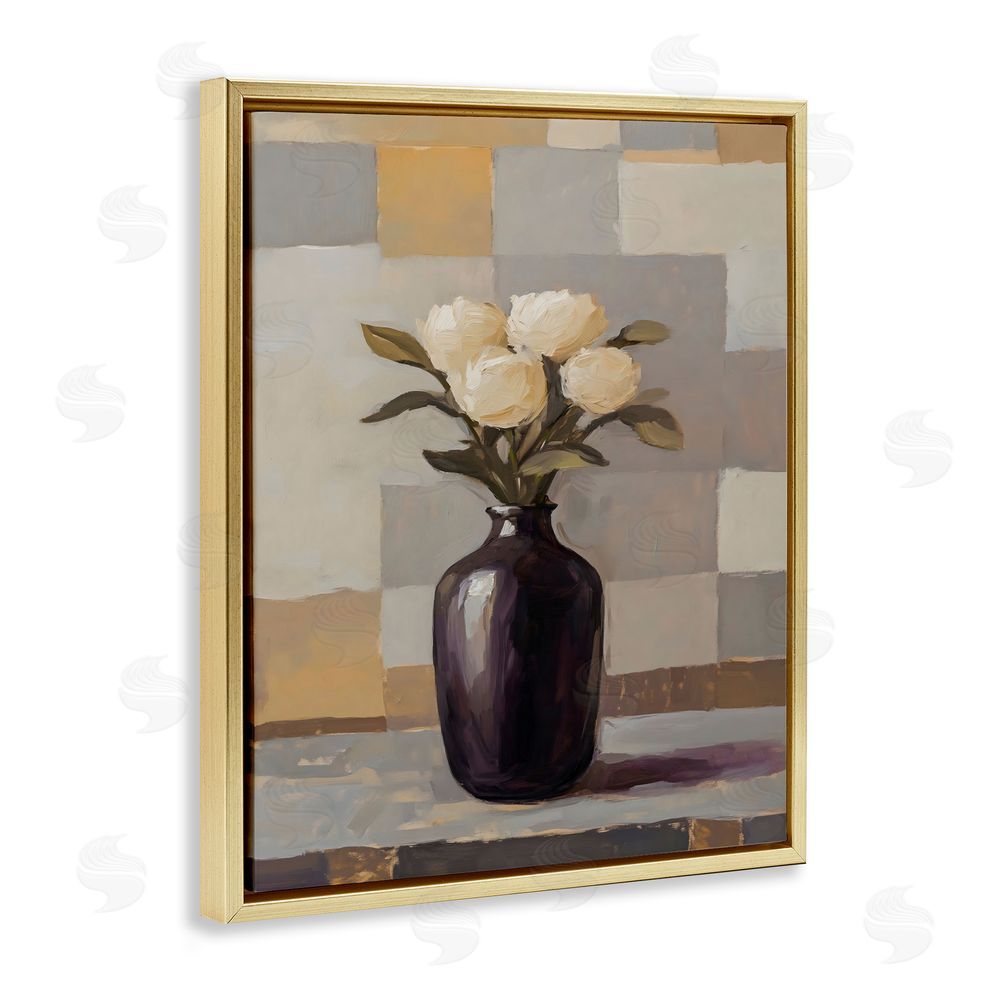 Franklyn Gregory Luxe White Roses in Vase Gold Floating Frame Canvas Wall Art Print