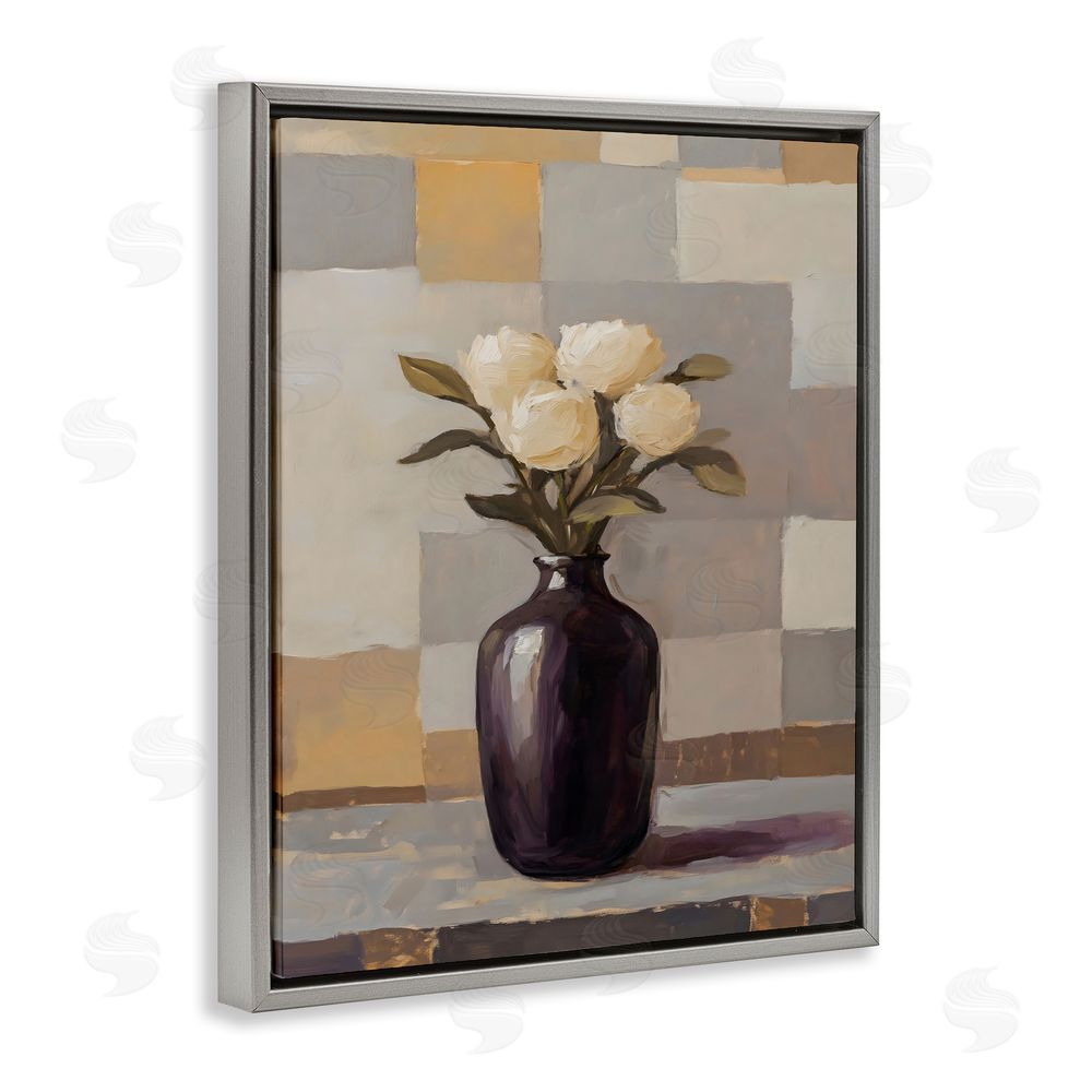 Franklyn Gregory Luxe White Roses in Vase Gray Floating Frame Canvas Wall Art Print