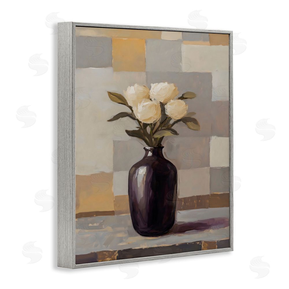 Franklyn Gregory Luxe White Roses in Vase Gray Framed Giclee Wall Art Print