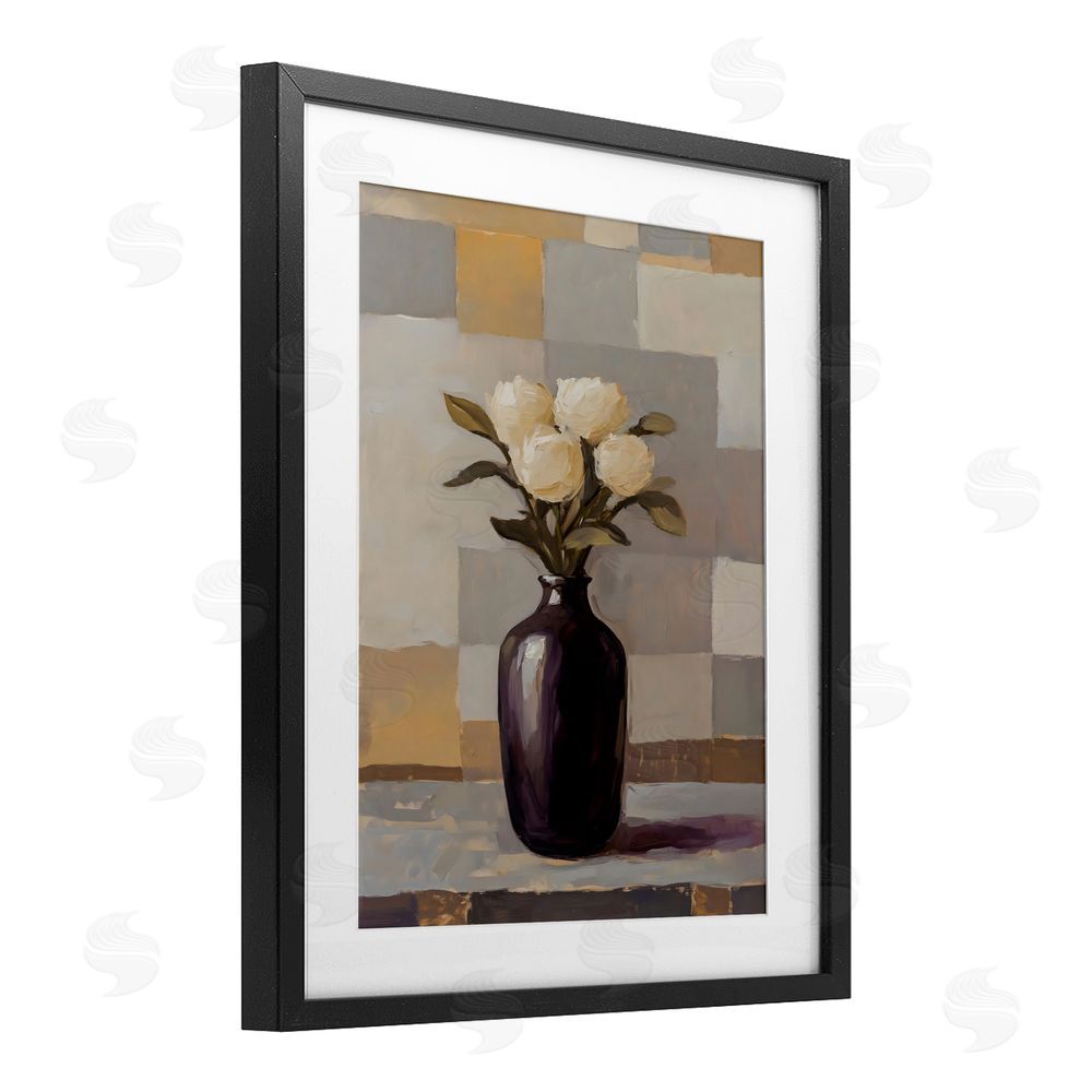 Franklyn Gregory Luxe White Roses in Vase Black Framed Print Under Glass with White Mat Wall Art