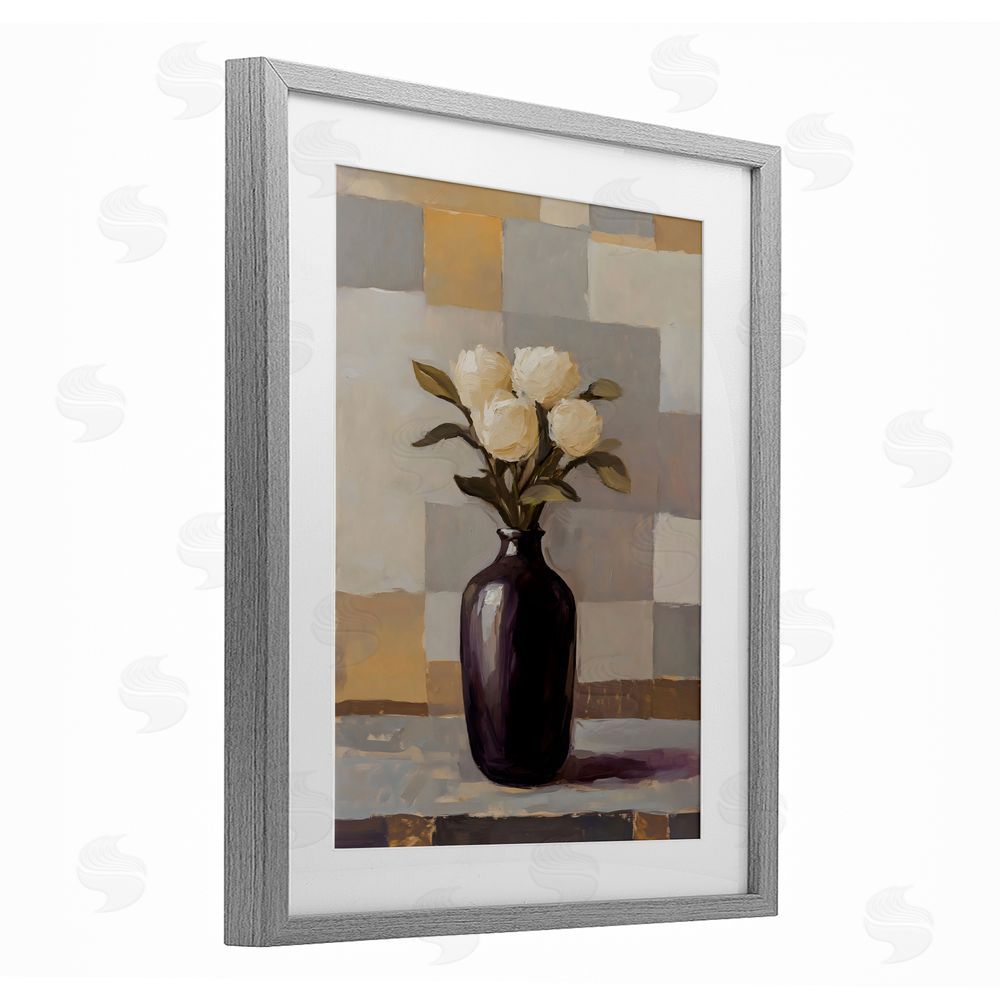 Franklyn Gregory Luxe White Roses in Vase Gray Framed Print Under Glass with White Mat Wall Art