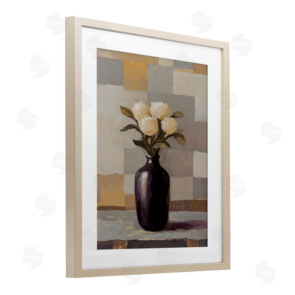 Franklyn Gregory Luxe White Roses in Vase Birch Framed Print Under Glass with White Mat Wall Art